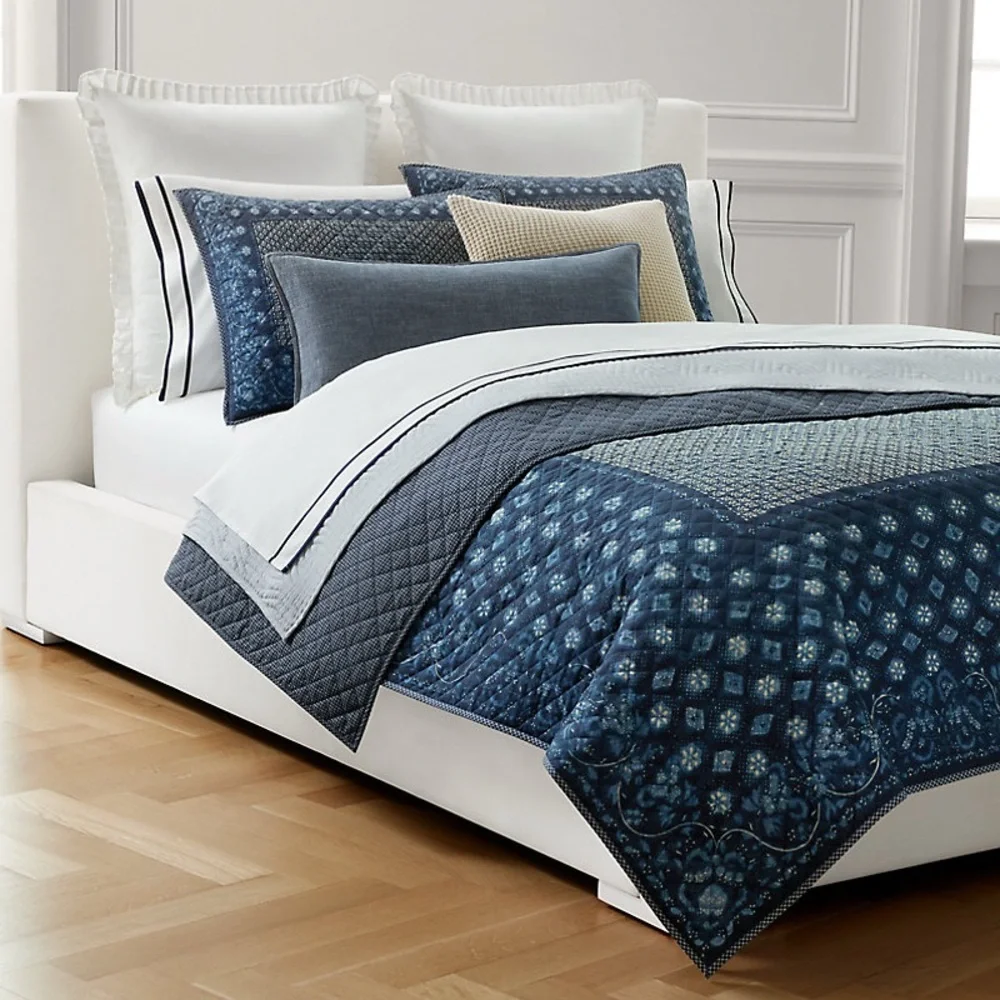 Lauren Ralph Lauren Beckett Blue Quilted Coverlet Quilt Queen Coastal 90x92”